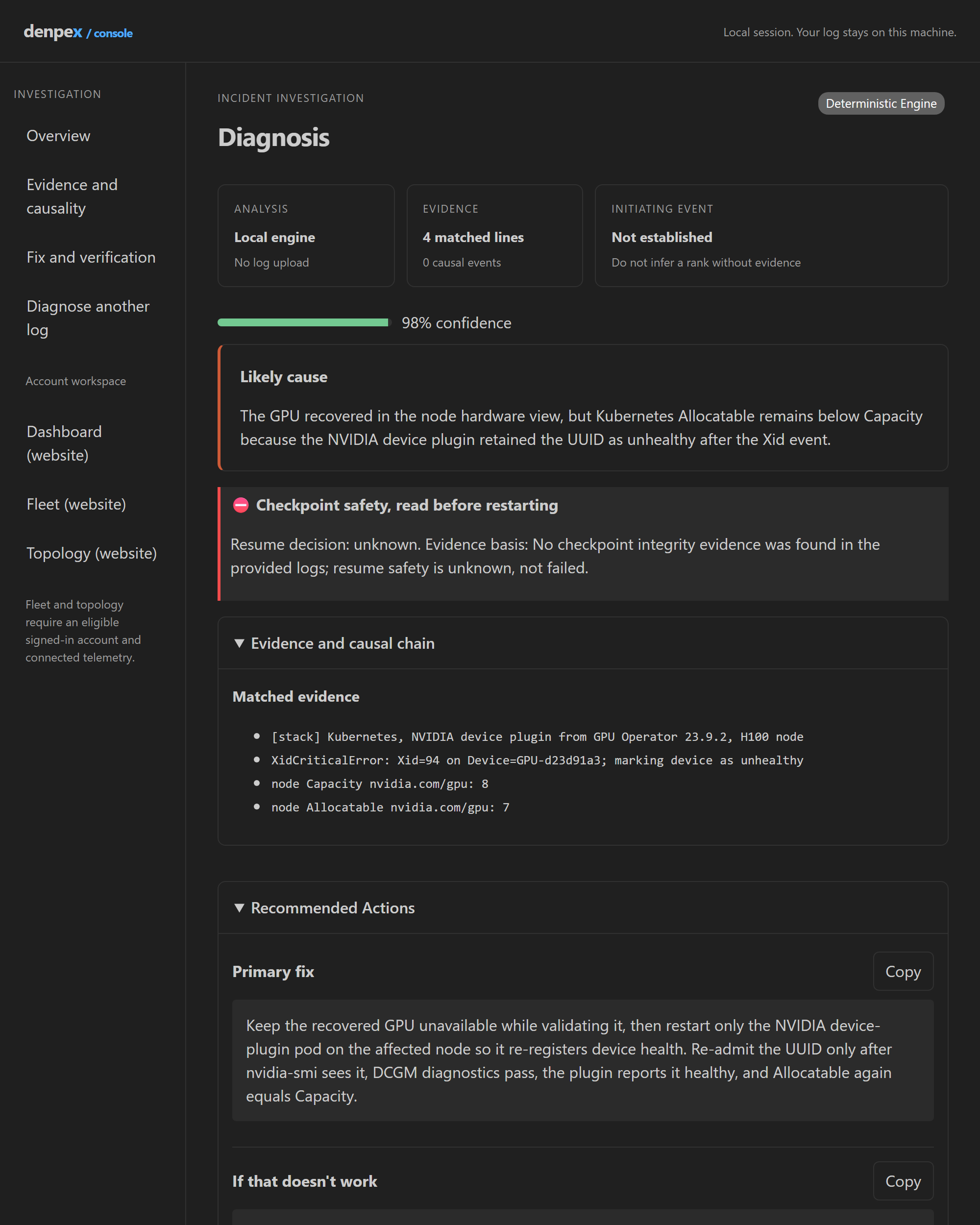 The Denpex panel diagnosing a Kubernetes NVIDIA device-plugin fault at 98 percent confidence. The root cause reads: the GPU recovered in the node hardware view, but Kubernetes Allocatable remains below Capacity because the NVIDIA device plugin retained the UUID as unhealthy after the Xid event. Below it are a checkpoint safety note, a primary fix that restarts only the device-plugin pod, a fallback, and a verification step.