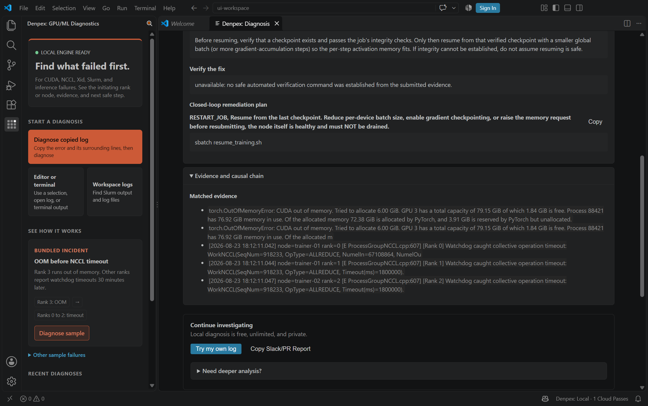 Denpex running in VS Code with the matched log evidence expanded below the recommended actions