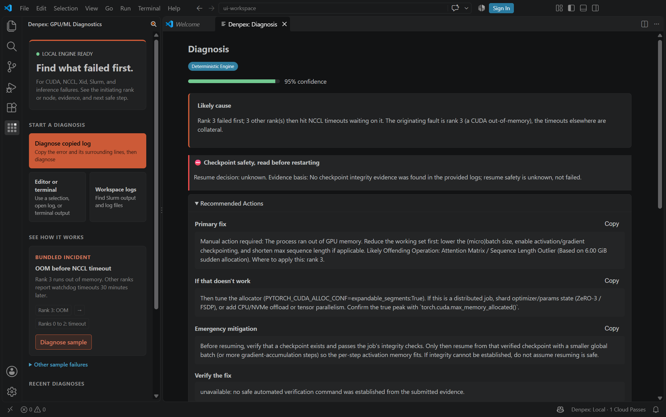 Denpex running in VS Code: sidebar sample, rank 3 OOM diagnosis, checkpoint warning, and recommended actions