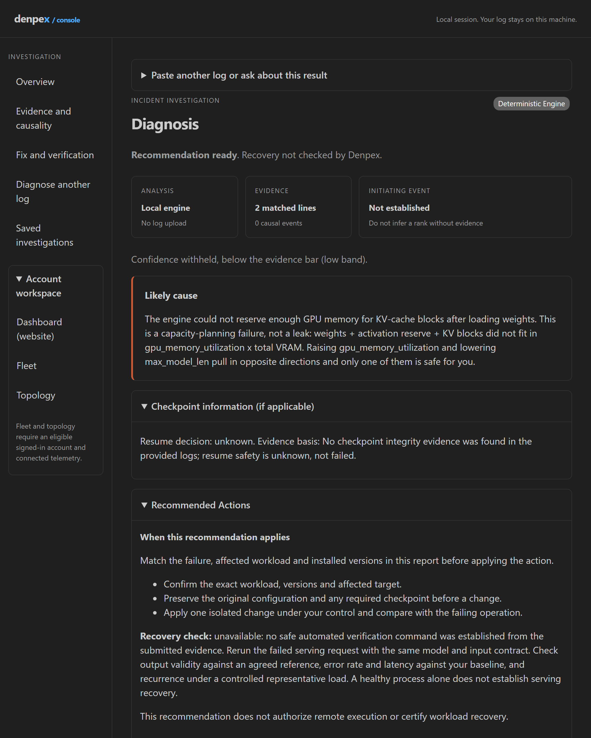 Denpex 1.4.21 report with compact continued investigation, likely cause, recommended actions and evidence
