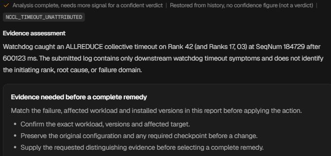 Denpex historical example says a collective timeout does not establish the initiating rank, cause or failure domain and requests distinguishing evidence before a remedy.
