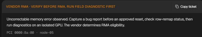 Denpex hardware handoff summary asks the operator to capture diagnostic evidence and verify RMA eligibility with the vendor.